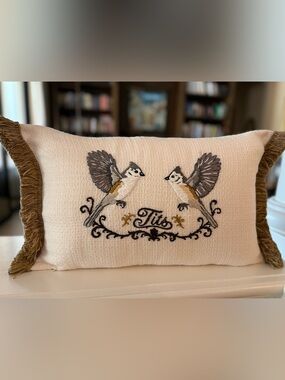 Embroidered Titmouse Bird Accent Pillow - Cream with Gold fringed trim.